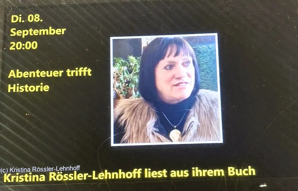 Ankündigung der Lesung am Dienstag, 8. September, 20:00 Uhr: „Abenteuer trifft Historie“, Kristina Rössler-Lehnhoff liest aus ihrem Buch